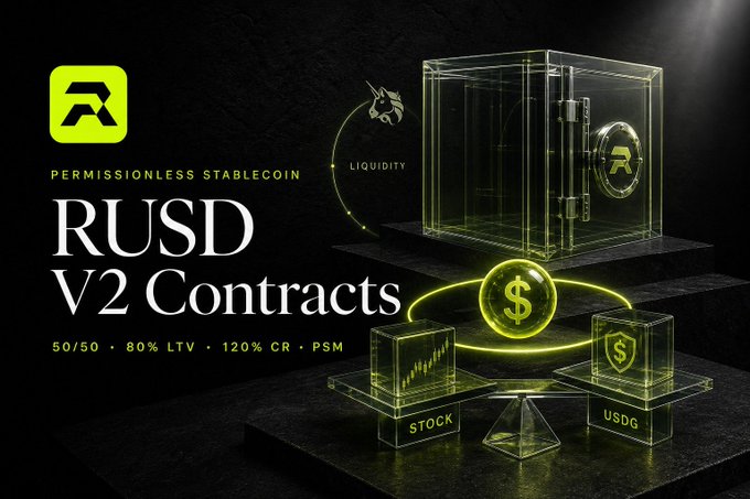 A promotional image for 'RUSD V2 Contracts' by Permissionless Stablecoin, displaying features like '50/50 80% LTV 120% CR PSM' alongside 3D graphics of a safe, dollar sign, stock, and USDG.