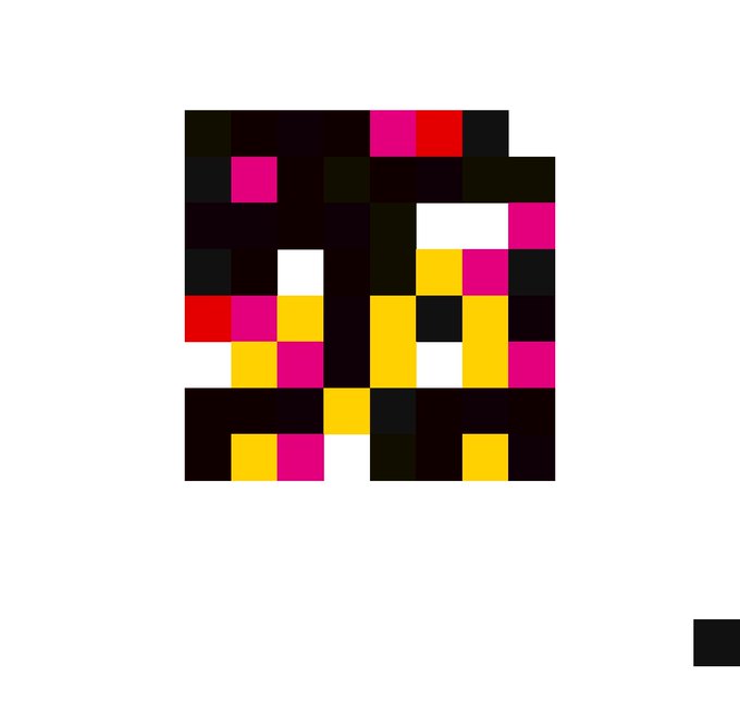An abstract pixelated graphic composed of scattered colored squares in black, pink, red, yellow, and white on a plain white background.