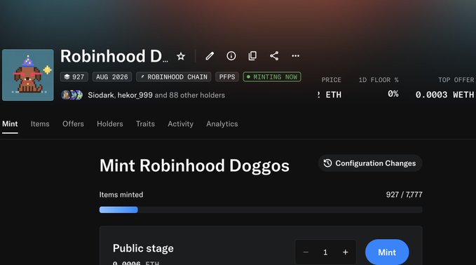 The screenshot shows the OpenSea minting page for the "Robinhood Doggos" NFT collection, displaying 927 items minted out of 7,777 with a "Minting Now" status and ETH pricing. The image supports the accompanying post by visually confirming the collection is nearing its 1,000 mint milestone, with a Public stage mint button available at 0.0006 ETH.