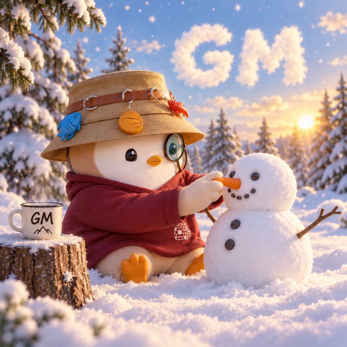 A cute digital illustration of a penguin-like character wearing a hat decorated with charms, sitting in a snowy landscape next to a 'GM' mug and a snowman, with 'GM' spelled out in clouds in the sky.