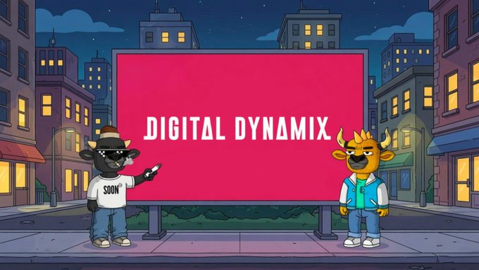 An animated illustration titled 'DIGITAL DYNAMIX' featuring two cartoon animal characters (a bull in a hat and a moose in a varsity jacket) standing in front of a pink billboard in a city at night.