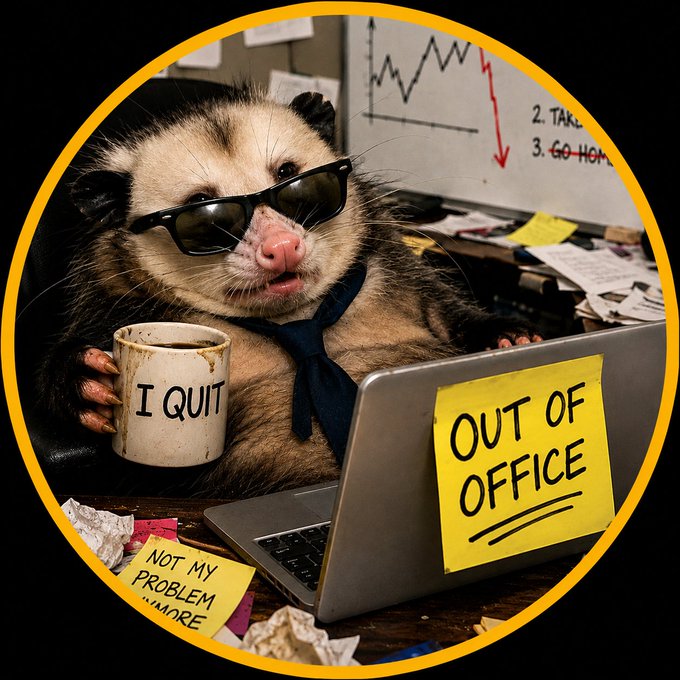 A tired-looking opossum wearing sunglasses and a tie holds a mug labeled "I QUIT" while sitting at a laptop with an "OUT OF OFFICE" sticky note, surrounded by crumpled notes including one reading "NOT MY PROBLEM ANYMORE" — perfectly matching the "OUT OF OFFICE OPOSSUM — $OOOP" meme coin launch theme of burnout and giving up after checking the charts.