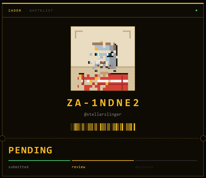 A pixel art portrait labeled "ZA-1NDNE2" by @stellarslinger appears in a "ZADDR WHITELIST" application showing a "PENDING" status at the "review" stage, representing the user's ongoing submission and wait for approval by the @zaddrnet team mentioned in the post.