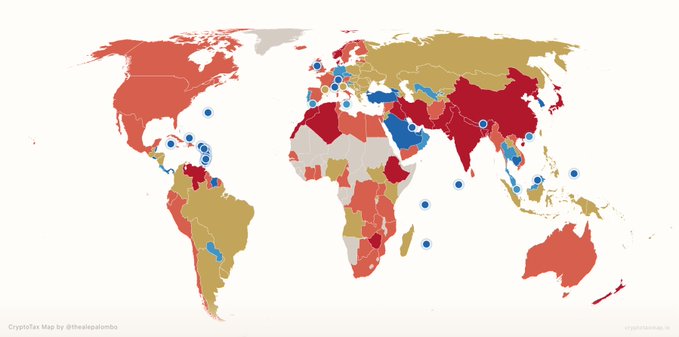 A 'CryptoTax Map' from @thesalombo showing countries color-coded to represent cryptocurrency taxation policies, with blue dots marking specific locations.