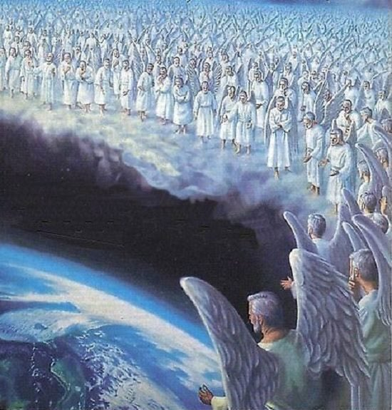 A classical religious painting depicting a vast multitude of robed angels with wings, standing on clouds in heaven and gazing down at the Earth.