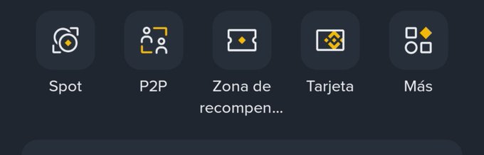 A dark-themed navigation menu showing five icon options in Spanish: 'Spot', 'P2P', 'Zona de recompensas' (rewards zone), 'Tarjeta' (card), and 'Más' (more).