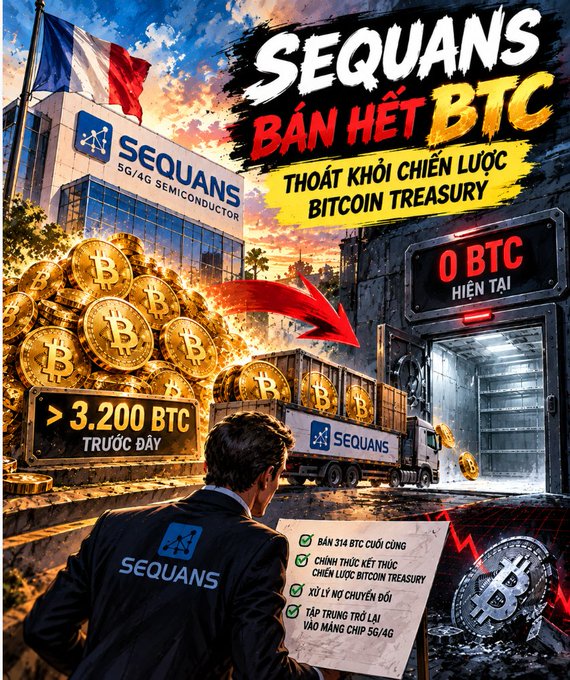 A promotional graphic for SEQUANS (5G/4G SEMICONDUCTOR) announces in Vietnamese 'SEQUANS BÁN HẾT BTC - THOÁT KHỎI CHIẾN LƯỢC BITCOIN TREASURY', showing they sold their >3,200 BTC, now at 0 BTC HIỆN TẠI.