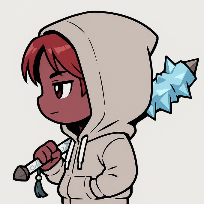 A cartoon-style illustration portrays a character with dark skin and red hair, wearing a beige hoodie and holding a small sword, with a large, icy blue spiked weapon strapped to their back.