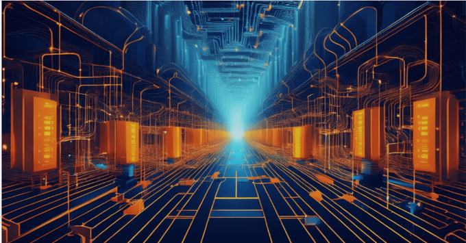 A futuristic digital illustration of a glowing blue and orange cyber corridor or data tunnel with circuit-like patterns.