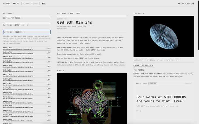 A screenshot of a website called 'BRUTAL ABOUT' featuring an NFT minting page with a countdown timer, a list of holders, and the text 'MACCENNA - MINT PASS' and 'THE ORDER'.