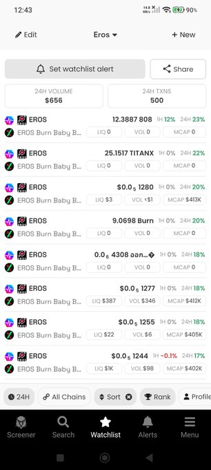 A mobile app screenshot showing a watchlist of EROS tokens on the Eros platform, displaying various EROS Burn Baby Burn token entries with volume and market cap data.
