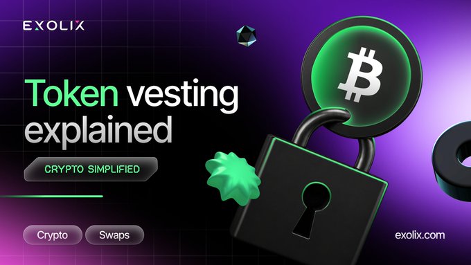 An Exolix promotional graphic titled 'Token vesting explained' with a 'Crypto Simplified' tag, featuring a 3D padlock with a Bitcoin symbol and tags for 'Crypto' and 'Swaps'.