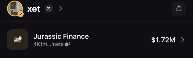 The image shows a portfolio or wallet view for user "xet" displaying a holding of "Jurassic Finance" valued at $1.72M, with a token address beginning "4K1m...meta." The substantial portfolio value suggests this is the result of a successful early callout on Pumpfun, illustrating the profitable outcome of the original investment thesis.