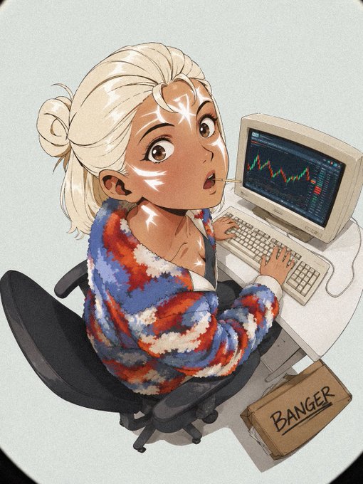 An anime-style illustration of a blonde woman with a shocked expression, sitting at a computer showing a trading chart; a cardboard box below is labeled "BANGER".