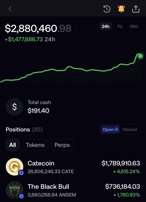 A cryptocurrency portfolio dashboard showing a balance of $2,880,460.98 with a 24-hour gain of $1,477,686.73, featuring two open positions: CATEcoin (28,806,246.33 CATE at $1,789,910.63, up 4,615.24%) and The Black Bull (3,860,058.84 ANSEL at $736,184.03, up 1,760.93%). The image illustrates the post's claim of a massive wallet growth, with the green performance chart and substantial percentage gains on both meme coin holdings reflecting the "generational run" mentioned.