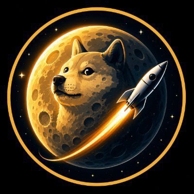A Shiba Inu dog's face is depicted on a glowing moon with a rocket flying past it, set within a circular orange border. The image serves as a fitting visual metaphor for "$MoonCoin," symbolizing the crypto's "to the moon" aspiration and the rocket representing potential upward momentum.