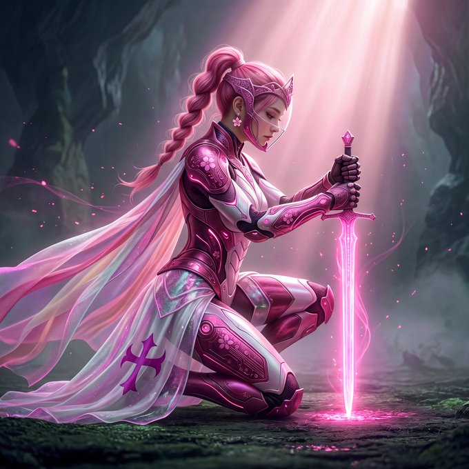A pink-haired warrior in glowing magenta armor kneels in a cave, resting her hands on the hilt of a radiant pink sword planted in the ground, embodying a powerful and mystical champion.

The image evokes "THENA 2.0" as a visual representation of strength, renewal, and futuristic valor, with the kneeling knight symbolizing readiness and the radiant sword serving as a metaphor for advanced power and transformation.