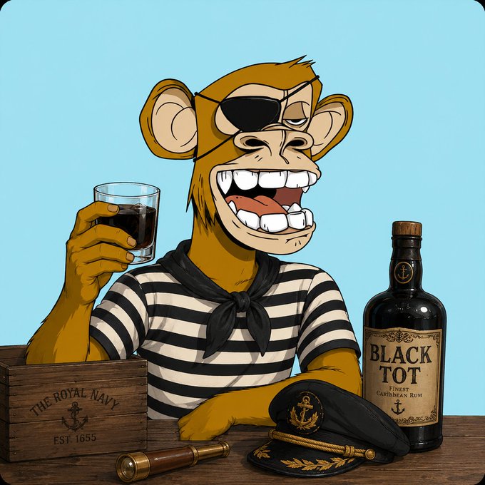 A cartoon illustration of a pirate monkey wearing an eye patch and striped shirt, holding a glass of dark liquid next to a bottle of 'Black Tot Finest Caribbean Rum' and a Royal Navy crate dated EST. 1655.
