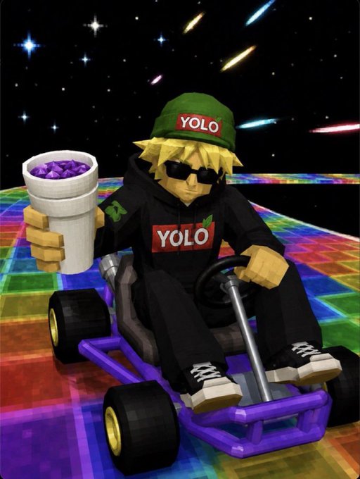A 3D-rendered character wearing a green 'YOLO' beanie and black hoodie drives a purple go-kart on a rainbow disco floor while holding a cup of purple drink.