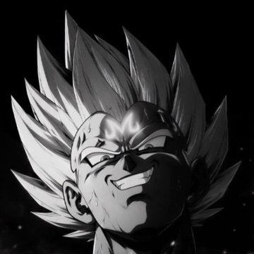 A grayscale illustration shows a smiling anime character with spiky hair and a headband, shown from the chest up against a dark background.
