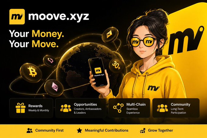 A promotional banner for 'moove.xyz' features an anime-style woman in a yellow hoodie holding a phone, with text reading 'Your Money. Your Move.' and icons for Rewards, Opportunities, Multi-Chain, and Community.