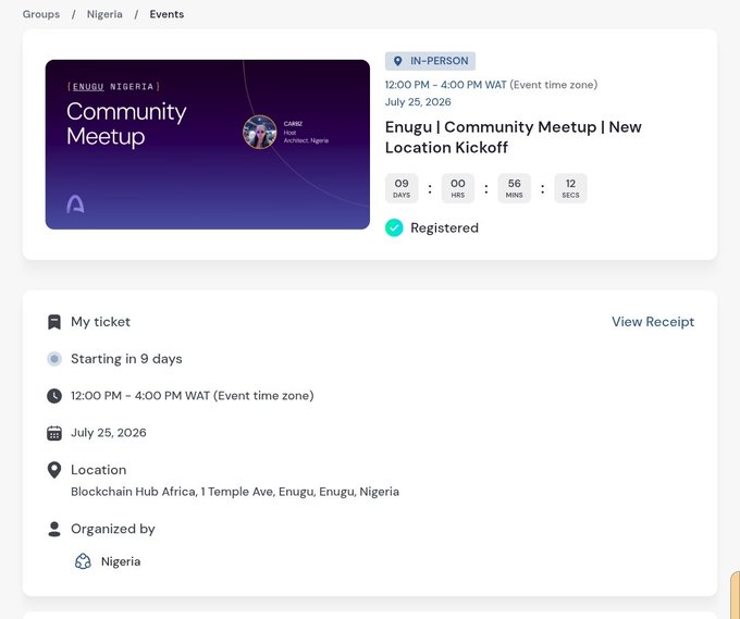 A confirmation page for the "Enugu | Community Meetup | New Location Kickoff" event, showing it's an in-person gathering on July 25, 2026, from 12:00 PM to 4:00 PM WAT at Blockchain Hub Africa (1 Temple Ave, Enugu), organized by the Nigeria group, with a countdown timer displaying 9 days, 0 hours, 56 minutes, and 12 seconds remaining and a "Registered" status confirmed.