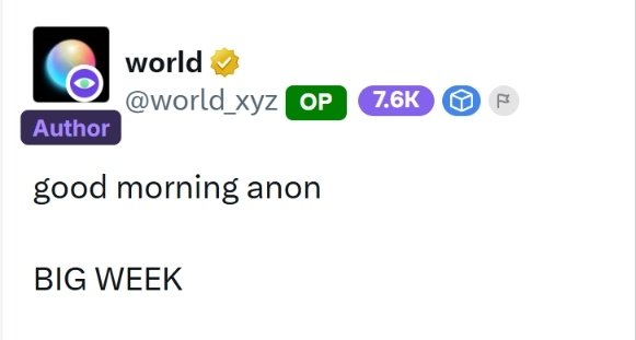 A social media post from verified user 'world' (@world_xyz) with 'Author' and 'OP' badges reading: 'good morning anon BIG WEEK'.