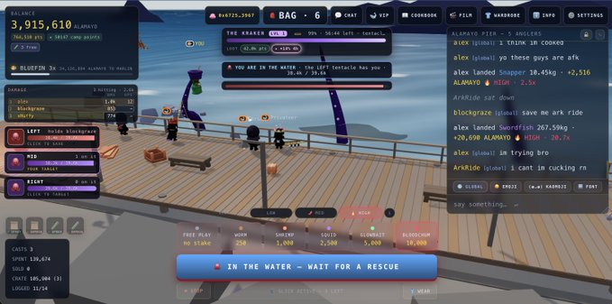 A player stands on a wooden dock in a pirate game with their score at 3,915,610 coins, waiting for rescue after falling into the water as shown by the "IN THE WATER - WAIT FOR A RESCUE" banner, while the chat reveals the cause of their downfall: "ARKRIDE captain: yo these guys are atk" and an alert that the Kraken was defeated for 2,516 damage, explaining their "kraken got me RIP" post.