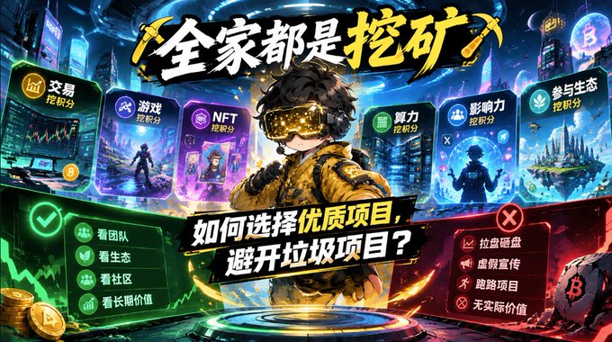 A Chinese promotional graphic titled '全家都是挖矿' (The Whole Family is Mining) showing a cartoon character in VR goggles surrounded by crypto project evaluation criteria including '交易' (Trading), '游戏' (Gaming), 'NFT', '算力' (Computing Power), and '影响力' (Influence), with advice on choosing quality projects and avoiding scams like '拉盘砸盘' (pump and dump).