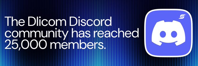 A dark blue announcement graphic with white text reading 'The Dlcom Discord community has reached 25,000 members,' alongside the Discord logo.