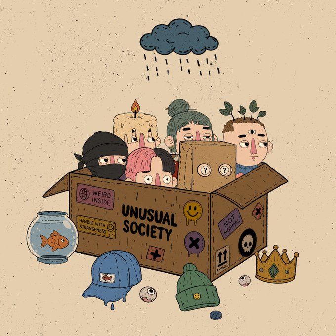The illustration depicts a cardboard box labeled "UNUSUAL SOCIETY" filled with quirky characters—including a ninja, a candle-headed figure, and a person with question-mark eyes—peering out under a rain cloud, surrounded by whimsical objects like a goldfish bowl, eyeballs, and a crown. Stickers on the box read "WEIRD INSIDE," "HANDLE WITH STRANGENESS," and "NOT NORMAL." The accompanying text thanks the artist @mrym_nft for hand-drawing 159 traits for the "Unusual Society" NFT collection, connecting the box's odd inhabitants to the unique characters in the project.