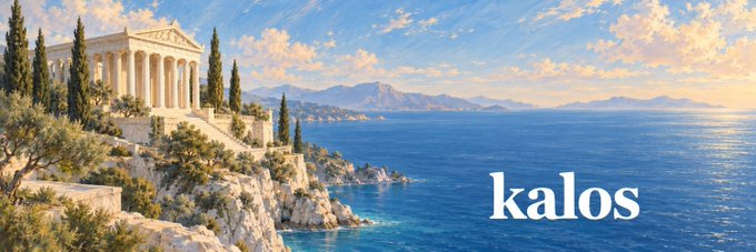 A scenic landscape features a classical Greek temple on a cliffside overlooking the Mediterranean sea, with the word "kalos" written in white text on the right.