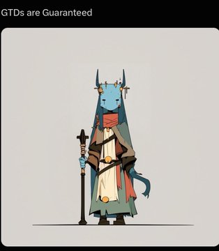 A character design sheet titled 'GTDs are Guaranteed' showing a blue-skinned humanoid figure in robes holding a staff and book.