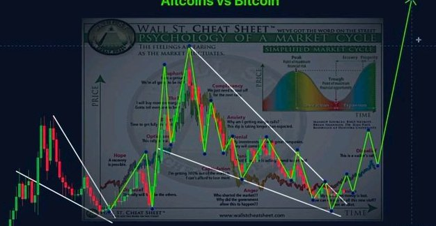 The image shows a financial chart titled "Altcoins vs Bitcoin" featuring a "Wall St. Cheat Sheet" diagram that illustrates the psychology of a market cycle, including stages like Hope, Optimism, Anxiety, Denial, Fear, and Despair overlaid with candlestick price action.

This visualization supports the post's bullish price predictions for Bitcoin ($150,000), ETH ($4,200), SOL ($450), XRP ($10), and SUI ($7.50) by suggesting that altcoins are positioned for a major breakout after navigating the psychological phases of the market cycle.