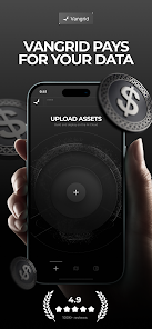 A promotional image for 'Vangrid' titled 'VANGGRID PAYS FOR YOUR DATA', showing a smartphone displaying an 'UPLOAD ASSETS' screen with a vinyl record and coins.
