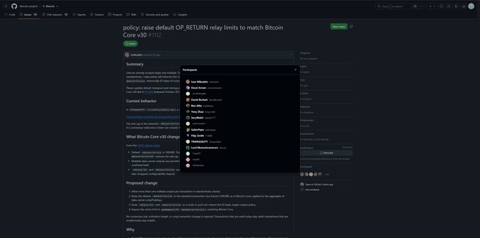 GitHub proposal titled 'policy: raise default OP_RETURN relay limits to match Bitcoin Core v30' #1112, opened by @johng, with a participants dropdown visible.