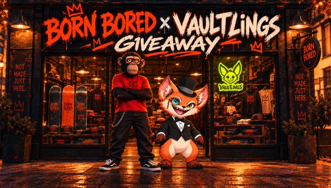 Promotional graphic for a 'BORN BORED x VAULTLINGS GIVEAWAY' featuring two cartoon characters—an ape and a cat in a top hat—standing in front of a stylized storefront.