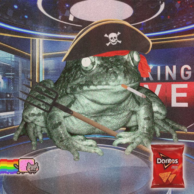 Meme image of a frog wearing a pirate hat with a skull and crossbones, holding a pitchfork and cigarette, with a Nyan cat and bag of Doritos Nacho Cheese chips in the foreground.
