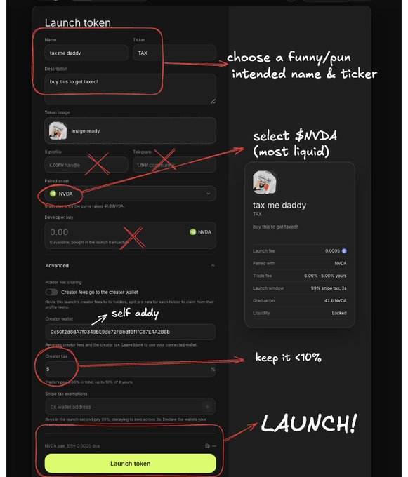 A screenshot of a token launch interface with handwritten annotations in red and white, guiding the user to name their token 'tax me daddy', select NVDA, and keep the creator tax under 10% before launching.