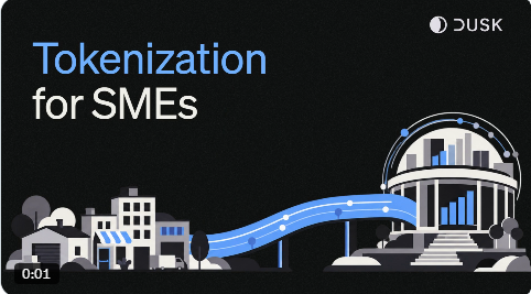 The image displays a Dusk Foundation video thumbnail titled "Tokenization for SMEs" at 0:01, featuring a stylized illustration of small businesses connected by a flowing path leading to a classical building representing a financial institution, visually reinforcing the post's message about bridging SMEs, investors, and regulated institutions through compliant onchain infrastructure.