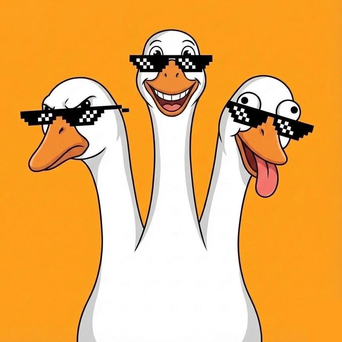 The image features three geese wearing sunglasses, with one of them also sporting a pair of glasses. The geese are standing close together against an orange background, creating a visually striking scene.