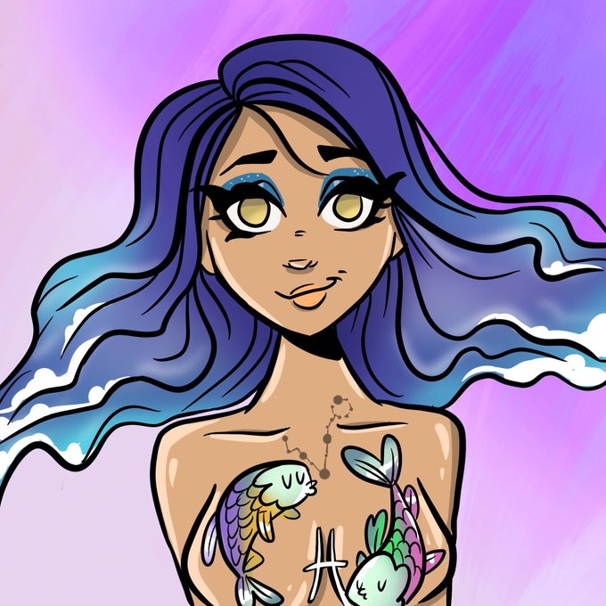 A digital illustration of a woman with long flowing blue and green hair, golden eyes, and colorful fish tattoos covering her chest, set against a light purple background.