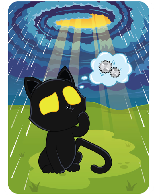 A cartoon illustration of a black cat with large yellow eyes sitting in the rain, looking up at a break in the storm clouds where sunlight streams through, while a thought bubble shows falling gear-shaped objects.