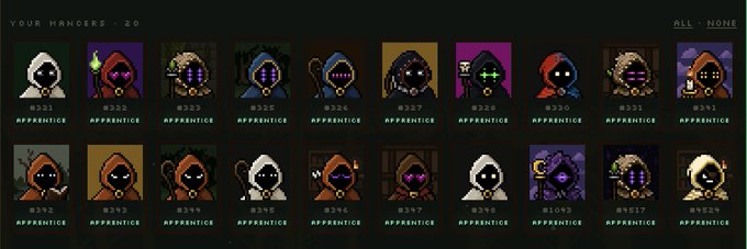 The image shows a collection of 20 pixel art NFT characters displayed in a grid labeled "YOUR MANGERS - 20," all marked as "APPRENTICE" rank and featuring hooded figures with various colored masks and magical items in hand—directly illustrating the poster's "back up to 20 mancers all staked" milestone.