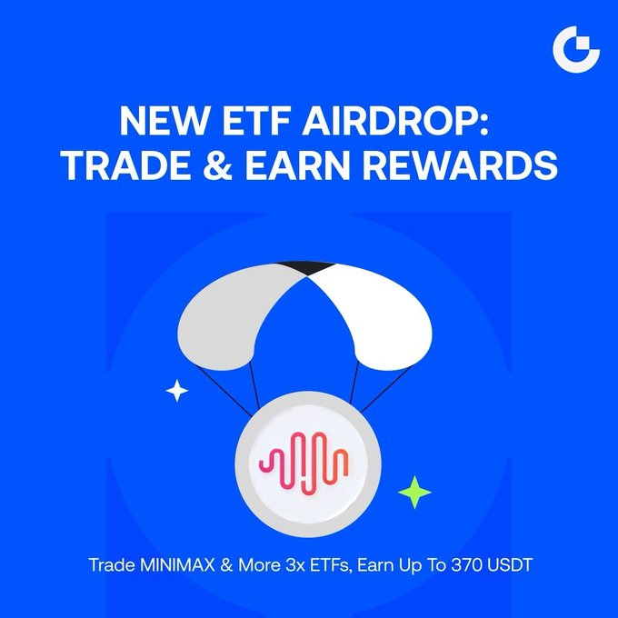 A blue promotional graphic announces “NEW ETF AIRDROP: TRADE & EARN REWARDS” and says to trade MINIMAX and other 3x ETFs to earn up to 370 USDT.