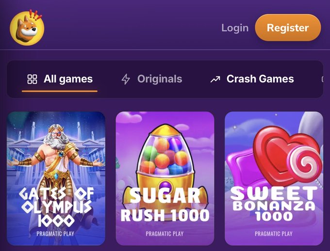 A screenshot of an online gaming platform with Login and Register buttons, displaying Pragmatic Play games including Gates of Olympus 1000, Sugar Rush 1000, and Sweet Bonanza 1000 under tabs for All games, Originals, and Crash Games.