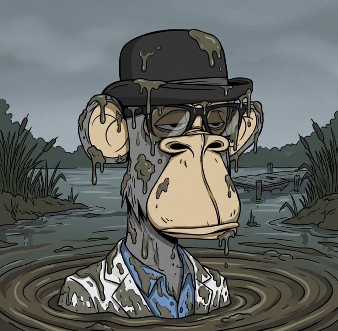 A cartoon monkey-like character in sunglasses and a black hat stands partly submerged in murky swamp water, with mud dripping from its hat and clothes.