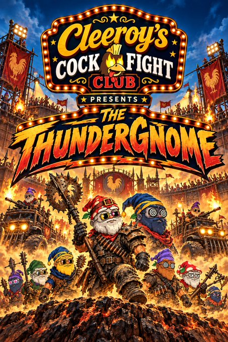 Vibrant, action-packed poster for 'Cleeroy's Cock Fight Club presents The Thundergnome' featuring dwarf warriors, roosters, and flames.