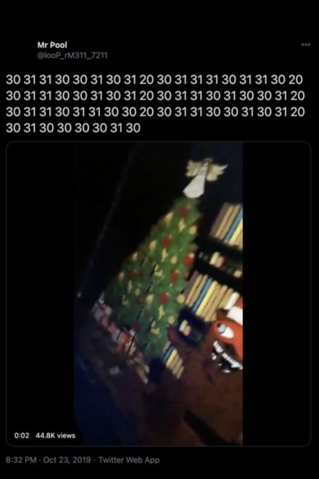 A tweet from Mr.Pool (@looP_rM31L_7211) dated October 23, 2019, displays rows of "30 31" numbers above a blurry image of a Christmas tree, with the caption referencing Justin Bieber's tweet spelling "30 30 31 31" in a tic-tac-toe pattern foreshadowing his marriage to Hailey Baldwin.