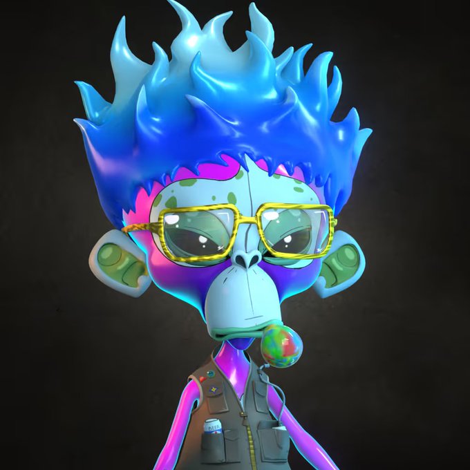 A 3D-rendered monkey character with spiky blue hair, yellow glasses, and a colorful lollipop stands against a black background.